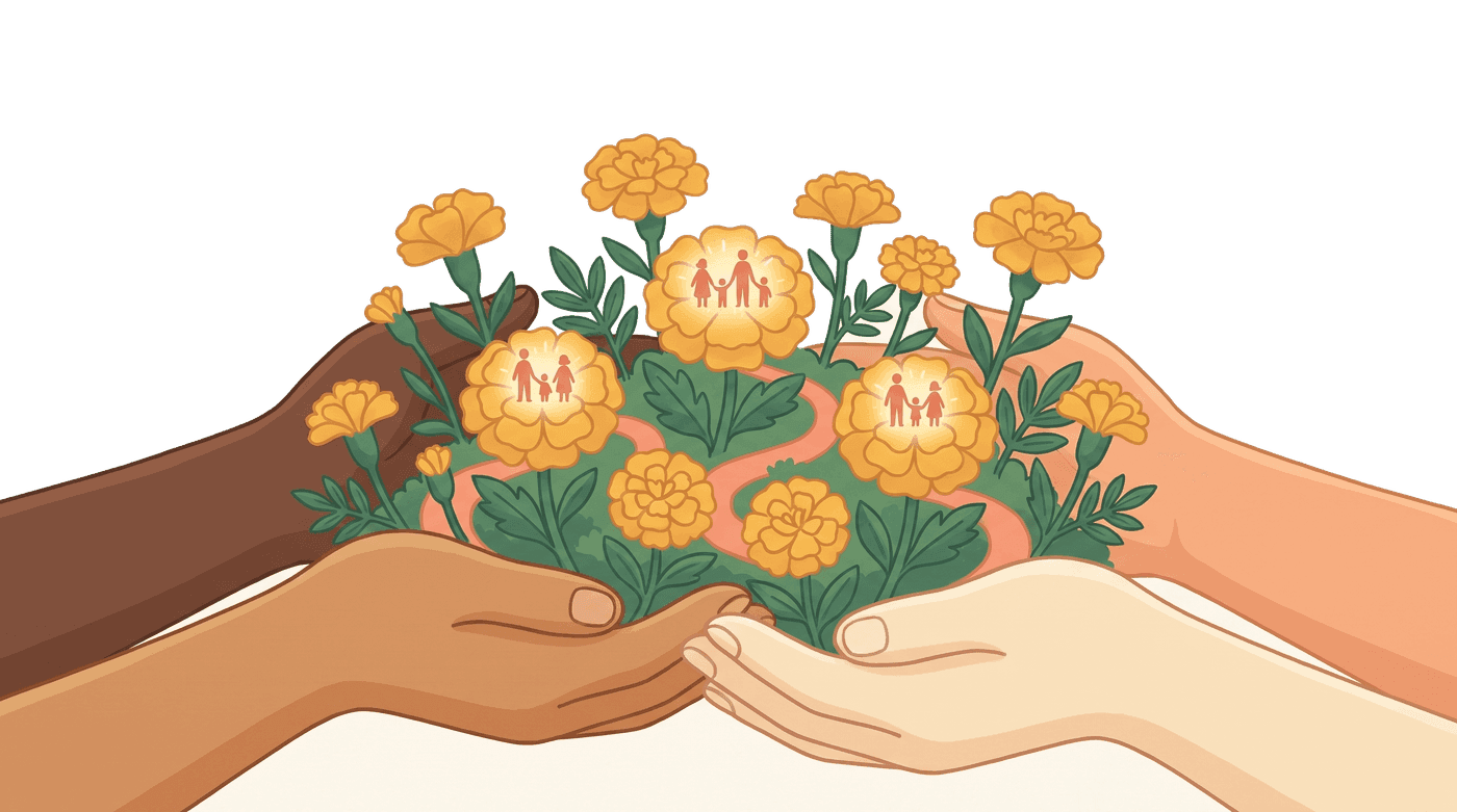 Diverse hands cupping a garden of marigolds, each bloom a family