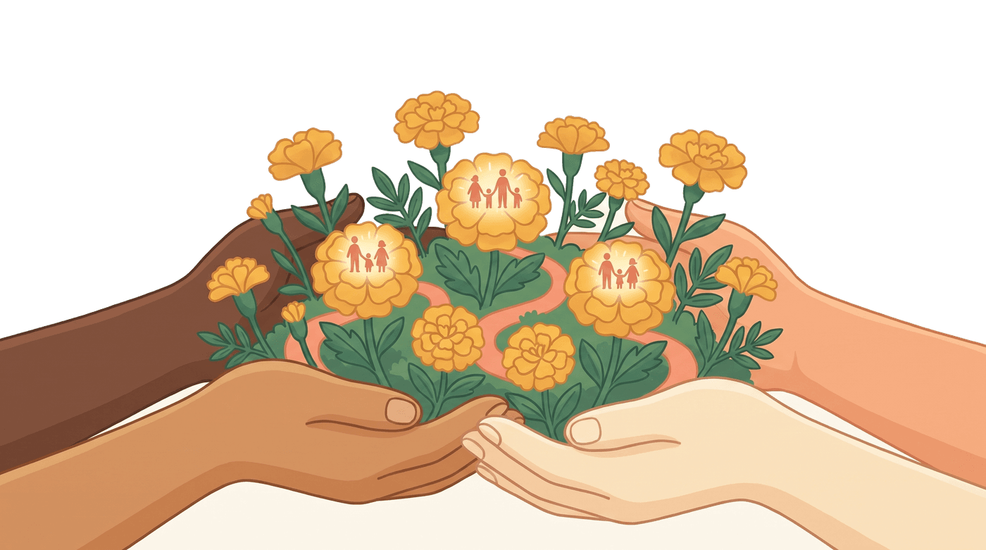 Many hands cupping a garden of marigolds, each bloom a family